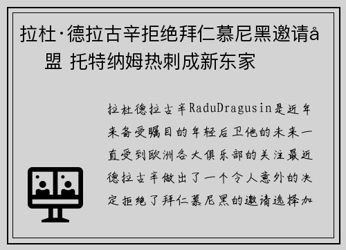 拉杜·德拉古辛拒绝拜仁慕尼黑邀请加盟 托特纳姆热刺成新东家 拉杜·德拉古辛拒绝拜仁慕尼黑邀请加盟 托特纳姆热刺成新东家